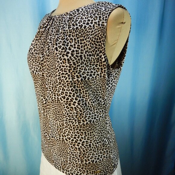 Calvin Klein Cheetah Pleated Neck Tan Cream & Brown Sleeveless Career Medium EUC - Picture 2 of 11